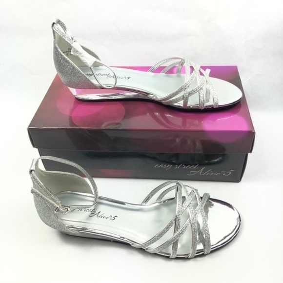 NEW Easy Street Tarrah Women’s Wedge Sandals SILVER GLITTER CRISSCROSS STRAPS - Picture 2 of 10